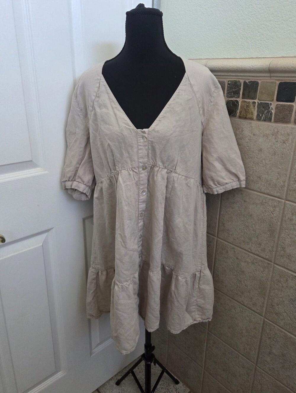 Zara Light Beige Button-Front Linen Cotton Mini Dress Resortwear Summer Vacay Lg